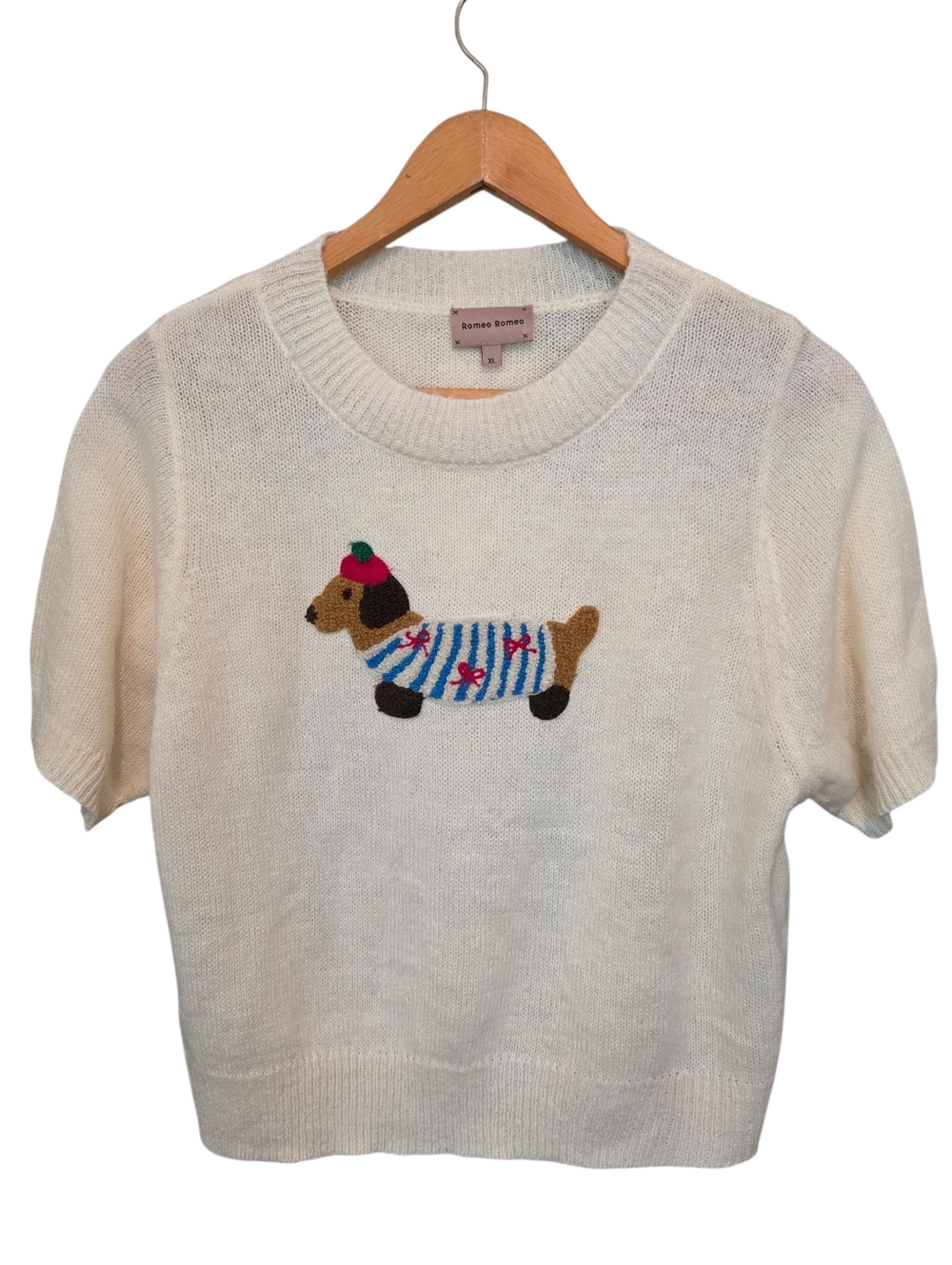 Romeo Romeo Cream Short-Sleeve Wool Blend Sweater Embellished Dog Size XL EUC